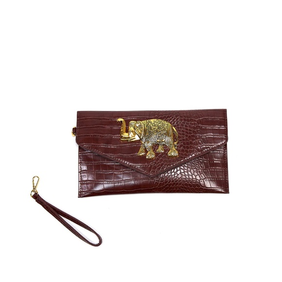 Sassy Jones Handbags - Sassy Jones Babar Elegant Brown Clutch with Gold Elephant Accent